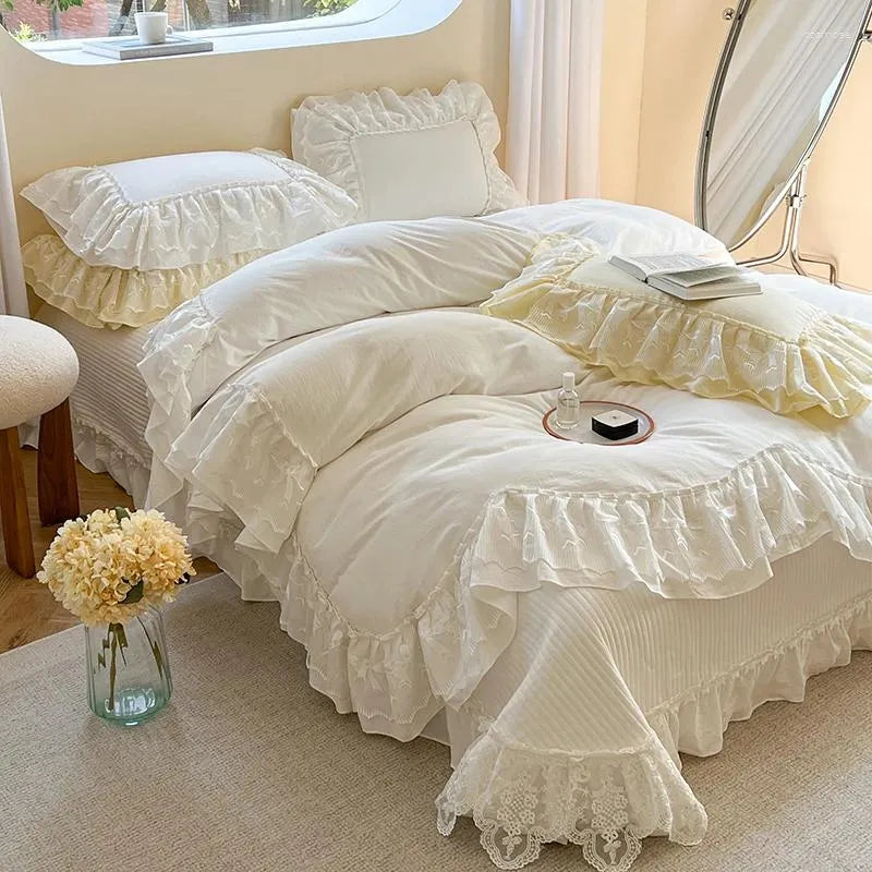 Bedding Sets Cotton Korean Princess Wedding Lace Ruffles Set Duvet Cover Quilted Bedspread Bed Sheet Pillowcases 4Pcs