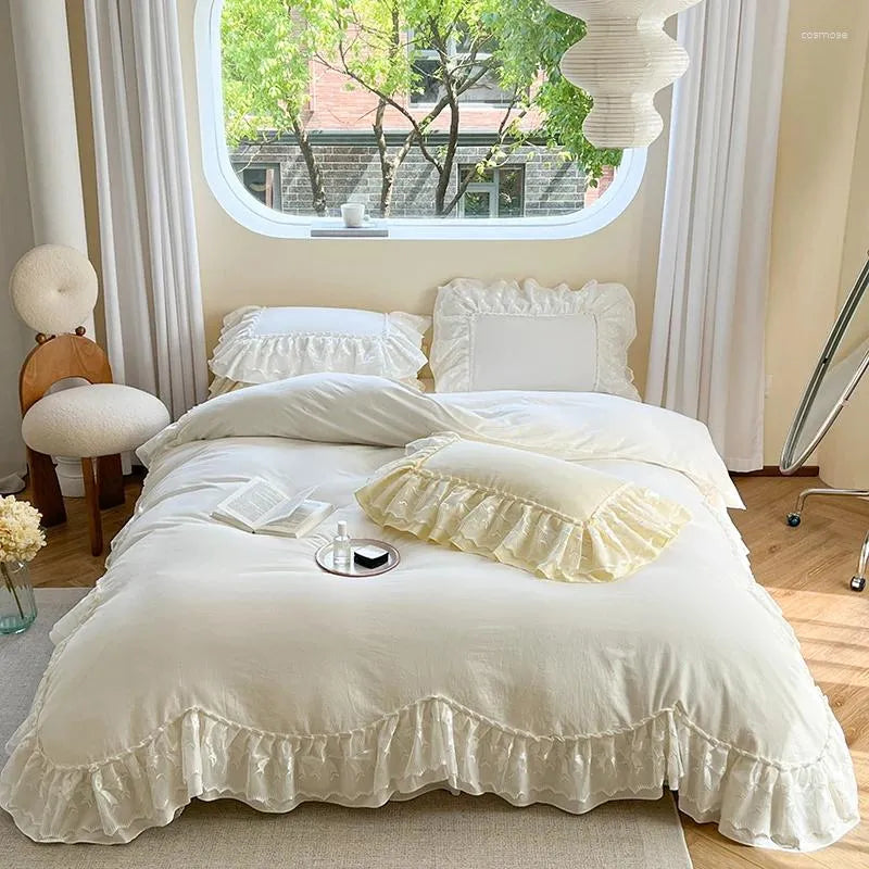 Bedding Sets Cotton Korean Princess Wedding Lace Ruffles Set Duvet Cover Quilted Bedspread Bed Sheet Pillowcases 4Pcs