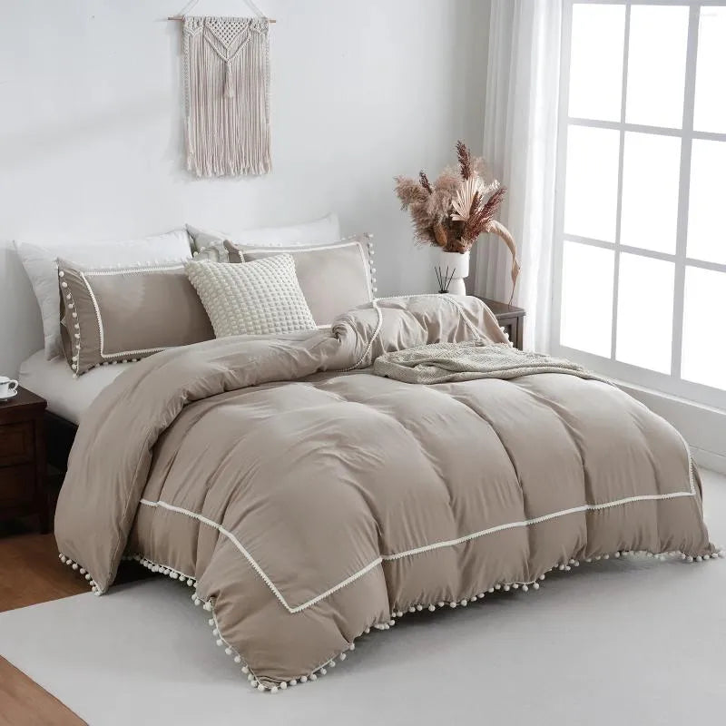 Bedding Sets 3PCS Khaki Duvet Cover Set Ball Comforter Geometric Line Bed Soft Lightweight Down For All Season