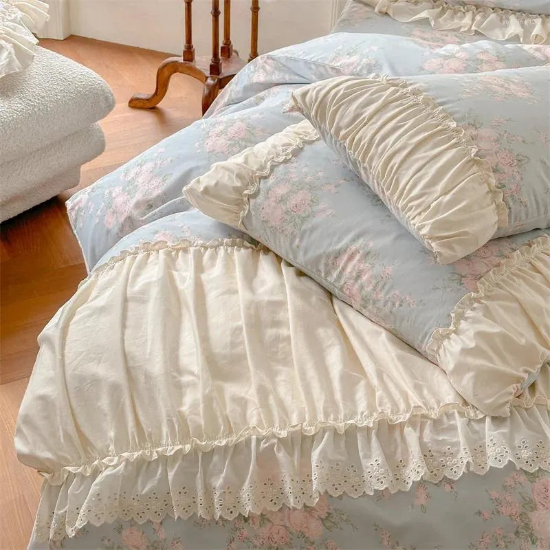 Bedding Sets Pure Cotton French Floral Set Vintage Country Flowers Ruffles Duvet Cover Flat Sheet Or Bed Skirt With Pillowcases 4Pcs