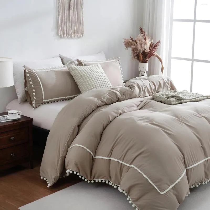 Bedding Sets 3PCS Khaki Duvet Cover Set Ball Comforter Geometric Line Bed Soft Lightweight Down For All Season
