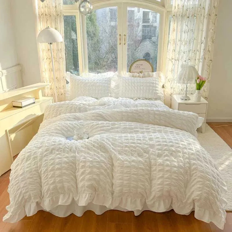 Korean Princess Style Lace Ruffles Bedding Set Skin-friendly Soft Seersucker Duvet Cover Set Bed Sheet Or Bed Skirt Pillowcases