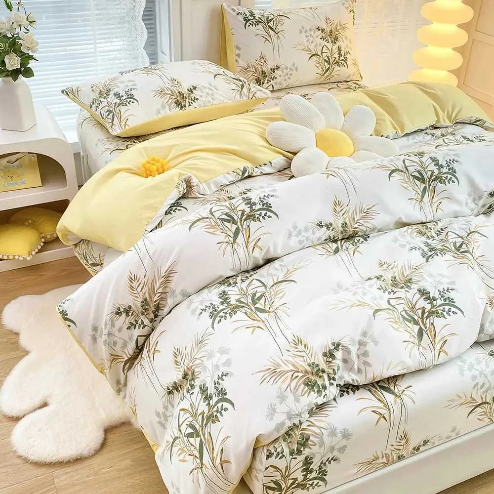 Cotton Home Textile Rose Floral Bedding Set Boy Girl Duvet Cover Flat Sheet Pillowcase Aesthetic Bedcloth Double Queen Bed Linen