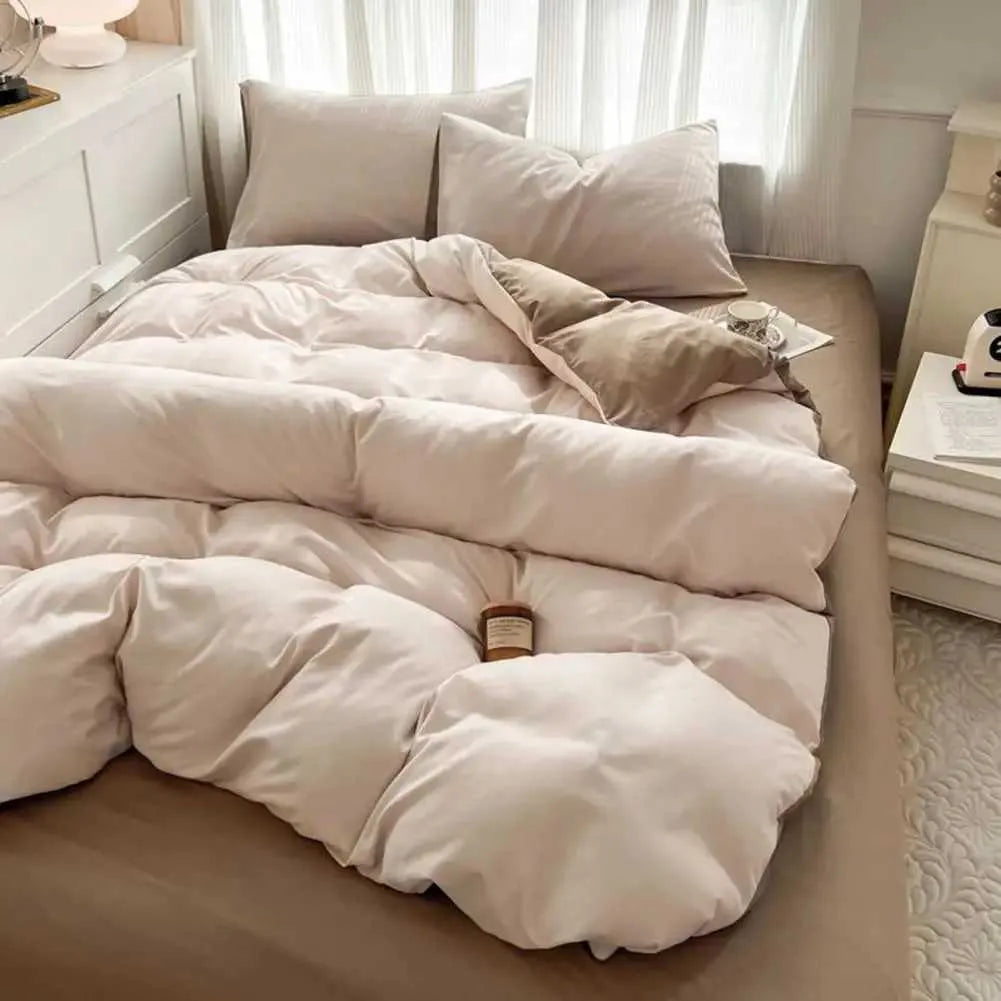 4 Pcs/Set Bedding Set Solid Color Sheet Comforter Cover Pillow Case Contrast Soft Fabric Machine Bedroom Dorm Quilt Cover
