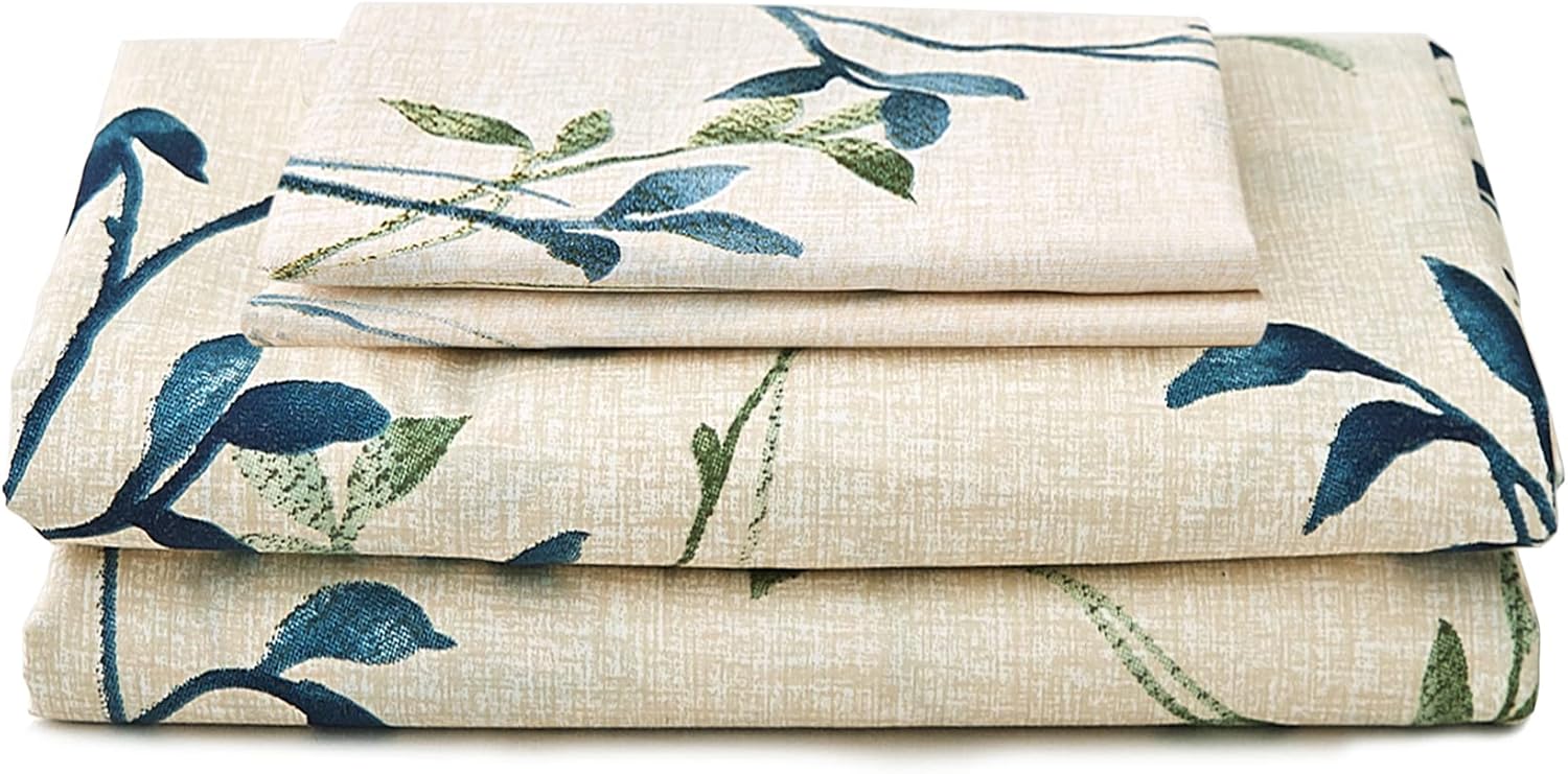 Beige Leaves Printed Sheet Set King Size, 4 Piece Botanical Pattern Microfiber Sheets Extra Deep Pocket