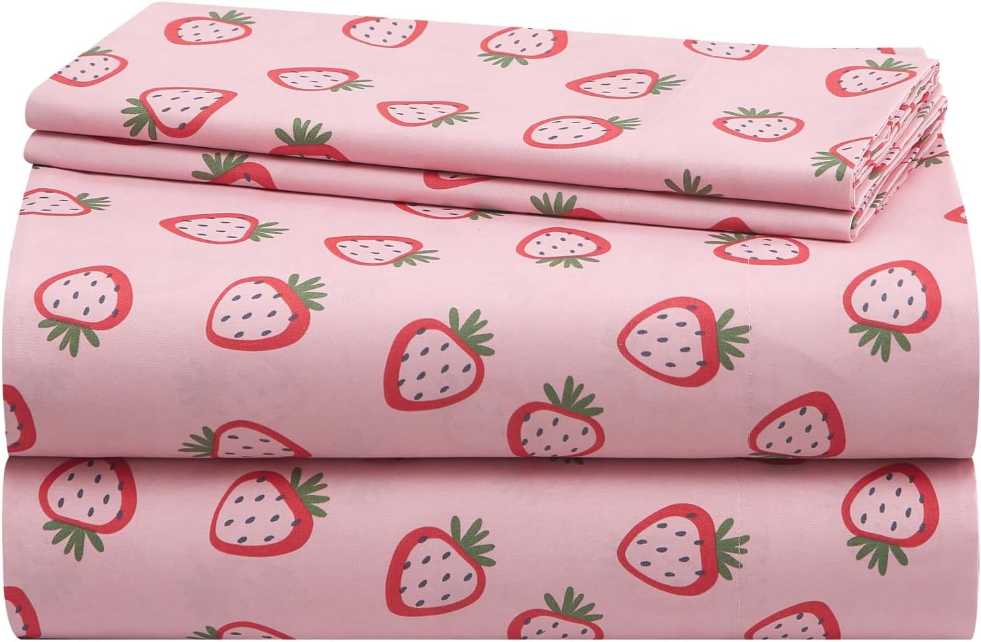 4 Piece Sheet Set, Including Top Sheet, Fitted Sheet and 2 Pillow Cases, Pink Strawberry, Queen