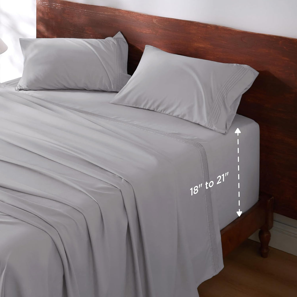 Deep Pocket Twin Sheets Set - Fits Mattresses Up to 21 Inches Thick -3 Piece  Bed Sheets, Moisture Wicking, Soft & Cooling Bedsheet & Pillowcases, Easy & Secure Fit, Light Grey