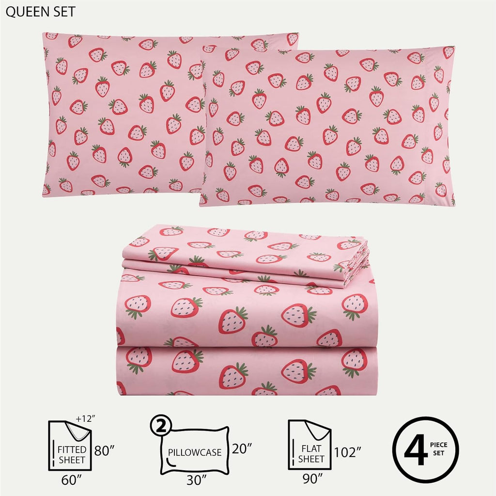 4 Piece Sheet Set, Including Top Sheet, Fitted Sheet and 2 Pillow Cases, Pink Strawberry, Queen