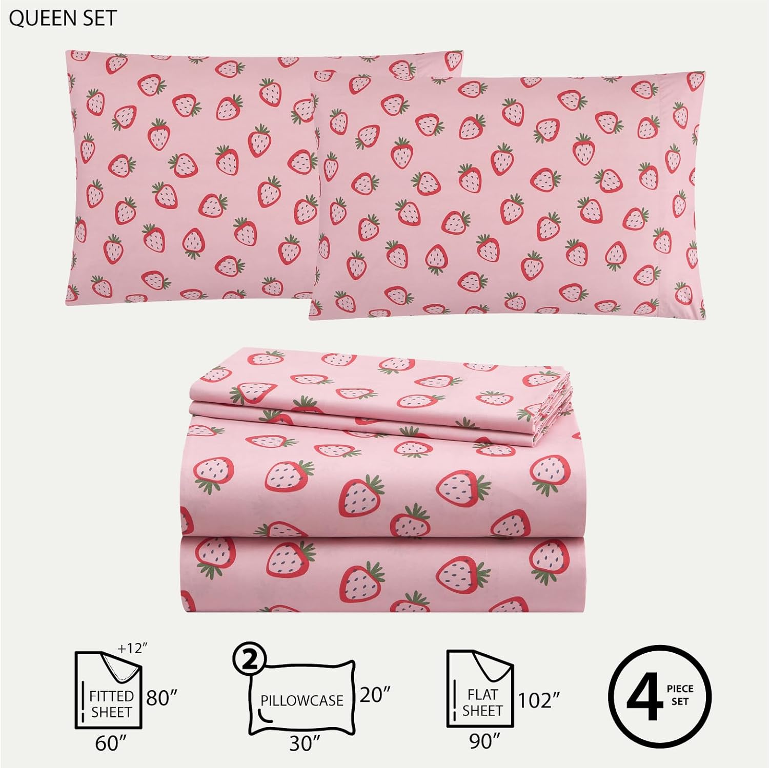 4 Piece Sheet Set, Including Top Sheet, Fitted Sheet and 2 Pillow Cases, Pink Strawberry, Queen