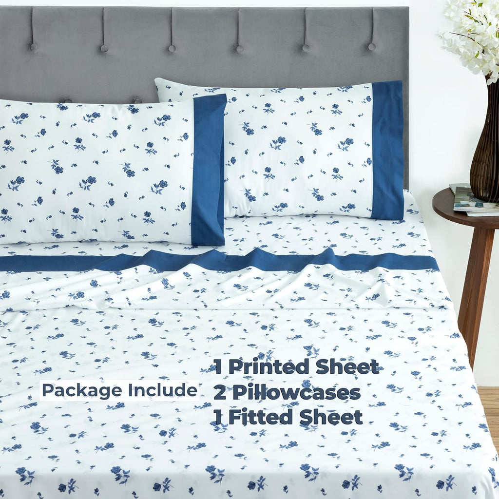 Sheet Set Queen, 4 Pieces Microfiber Sheet Set, Printed Sheet Set with Solid Cuffed Detail,Includes 1 Flat Sheet,1 Deep Pocket Fitted Sheet and 2 Pillowcases,Queen Bed Sheets – Blue Floral