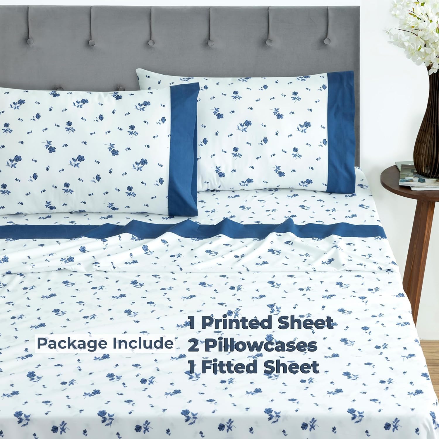 Sheet Set Queen, 4 Pieces Microfiber Sheet Set, Printed Sheet Set with Solid Cuffed Detail,Includes 1 Flat Sheet,1 Deep Pocket Fitted Sheet and 2 Pillowcases,Queen Bed Sheets – Blue Floral