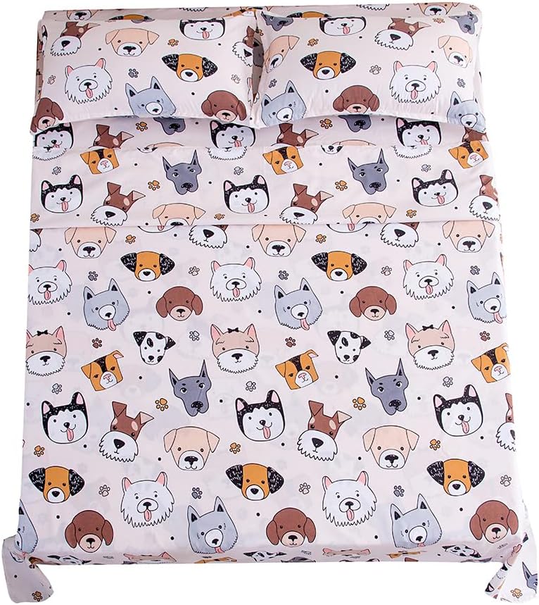 4 Piece Dogs Printed Bed Sheet Set,Soft Breathable Fabric Flat Sheet Extra Deep Pocket Fitted Sheet and Pillow Cases Set (Cream, Full)