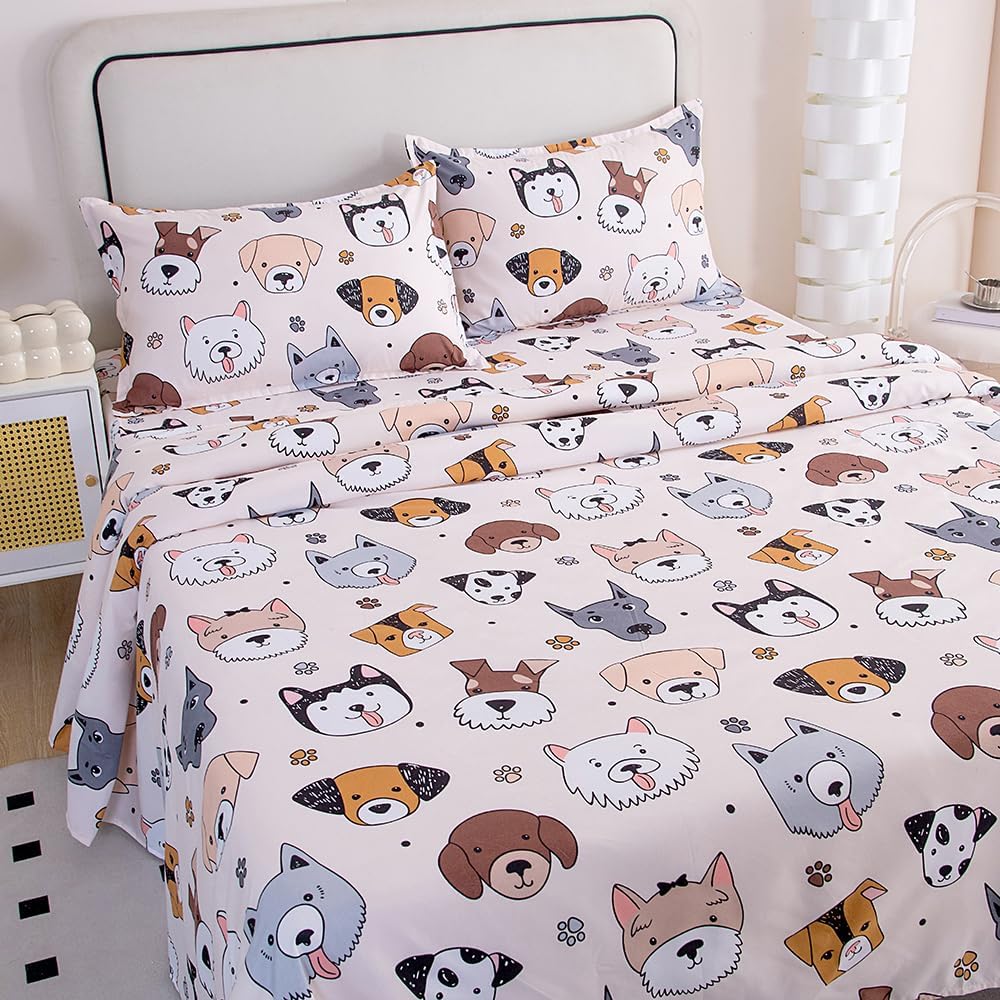 4 Piece Dogs Printed Bed Sheet Set,Soft Breathable Fabric Flat Sheet Extra Deep Pocket Fitted Sheet and Pillow Cases Set (Cream, Full)