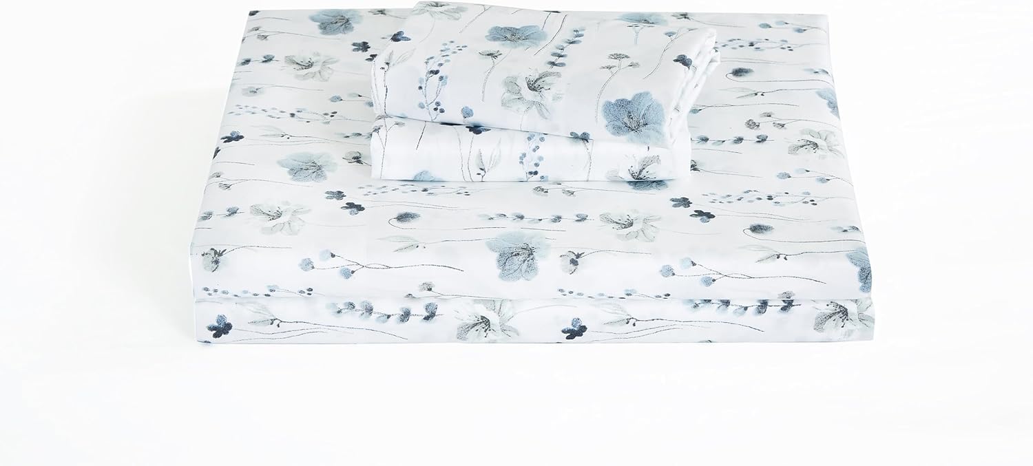 4-Piece Floral Bed Sheet Set - Blue White Poppy Floral Watercolor Printed Microfiber 14-Inches Deep Pocket Sheets & Pillowcases Set, Queen
