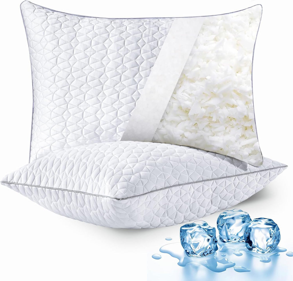 Cooling Pillows  Size Set of 2, Shredded Memory Foam Pillows, Adjustable Firm Bed Pillows Cool Cold Pillow for Hot Side Back Stomach Sleepers with Removable Washable Cover, 20" x 30", White