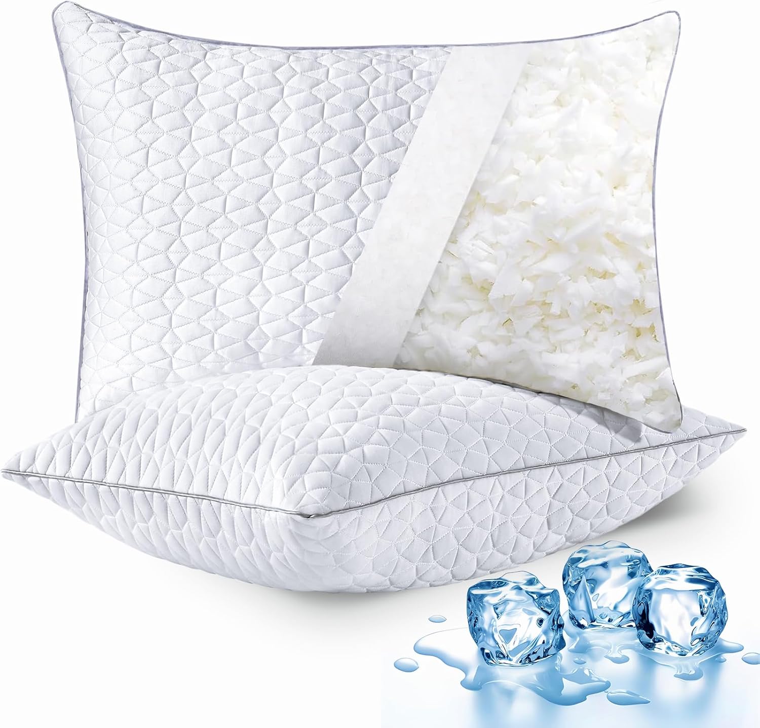 Cooling Pillows  Size Set of 2, Shredded Memory Foam Pillows, Adjustable Firm Bed Pillows Cool Cold Pillow for Hot Side Back Stomach Sleepers with Removable Washable Cover, 20" x 30", White