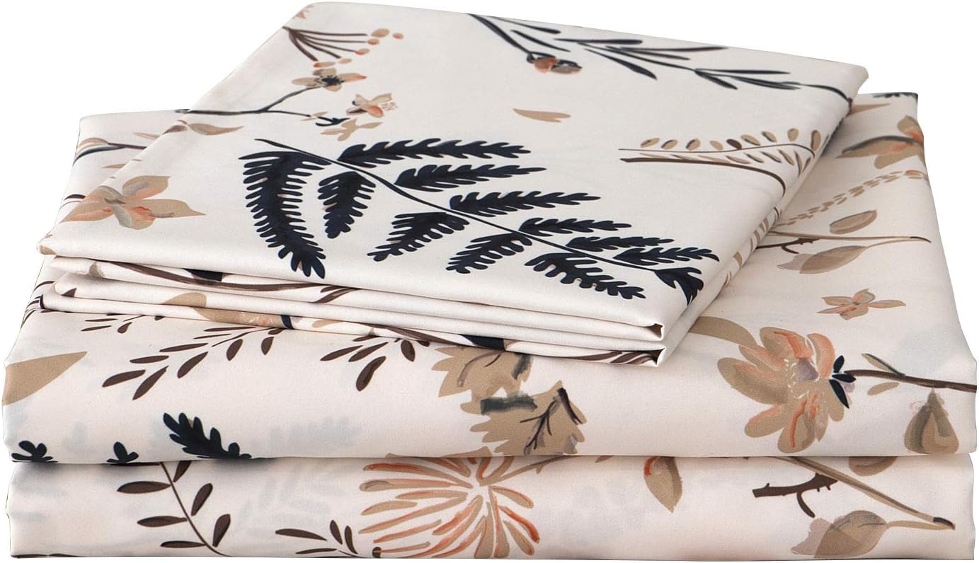 Boho Floral Printed Sheet Set Queen Size 4 Piece, Soft Botanical Pattern Microfiber Sheets Extra Deep Pocket