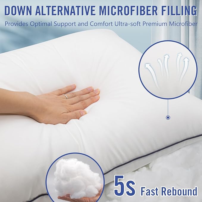 Bed Pillows for Sleeping 2 Pack Standard Size Cooling Pillows Set of 2 for Back, Stomach or Side Sleepers, Super Soft Down Alternative Microfiber Filled Pillows