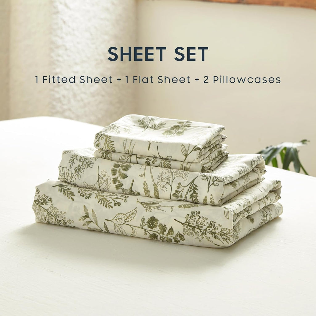 Botanical Bed Sheets, 4-Piece Sheet Set, Floral Shabby Chic Leaves Pattern Printed  Vintage Aesthetic Bedding, Deep Pocket, Olive Green, Full Size