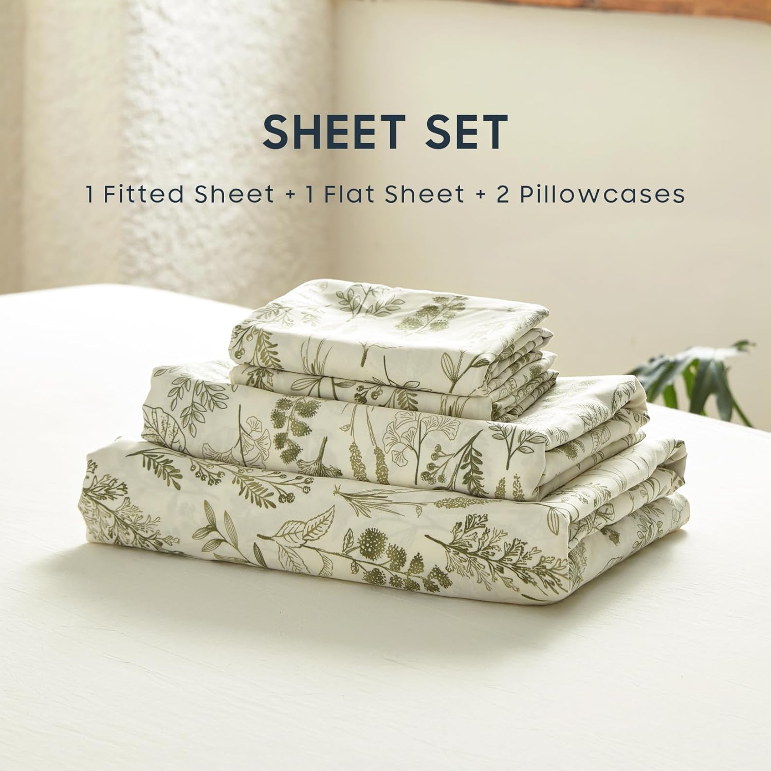 Botanical Bed Sheets, 4-Piece Sheet Set, Floral Shabby Chic Leaves Pattern Printed  Vintage Aesthetic Bedding, Deep Pocket, Olive Green, Full Size
