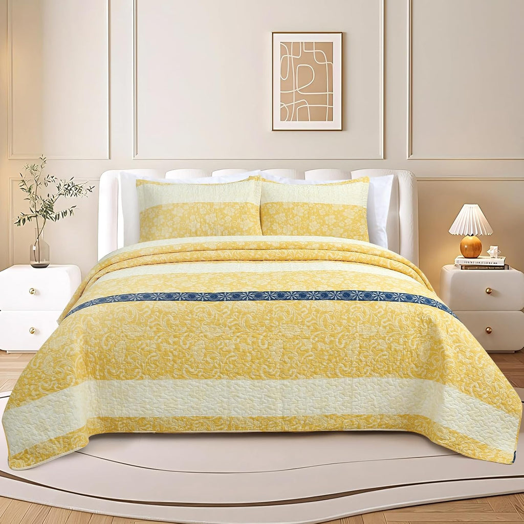 Quilt Set Queen Size - Queen Quilts Bedding Set, 100% Cotton Reversible Luxury Comforter Set, Farmhouse Floral Boho Striped Patchwork Bedspreads Set with Shams for All Season, Yellow