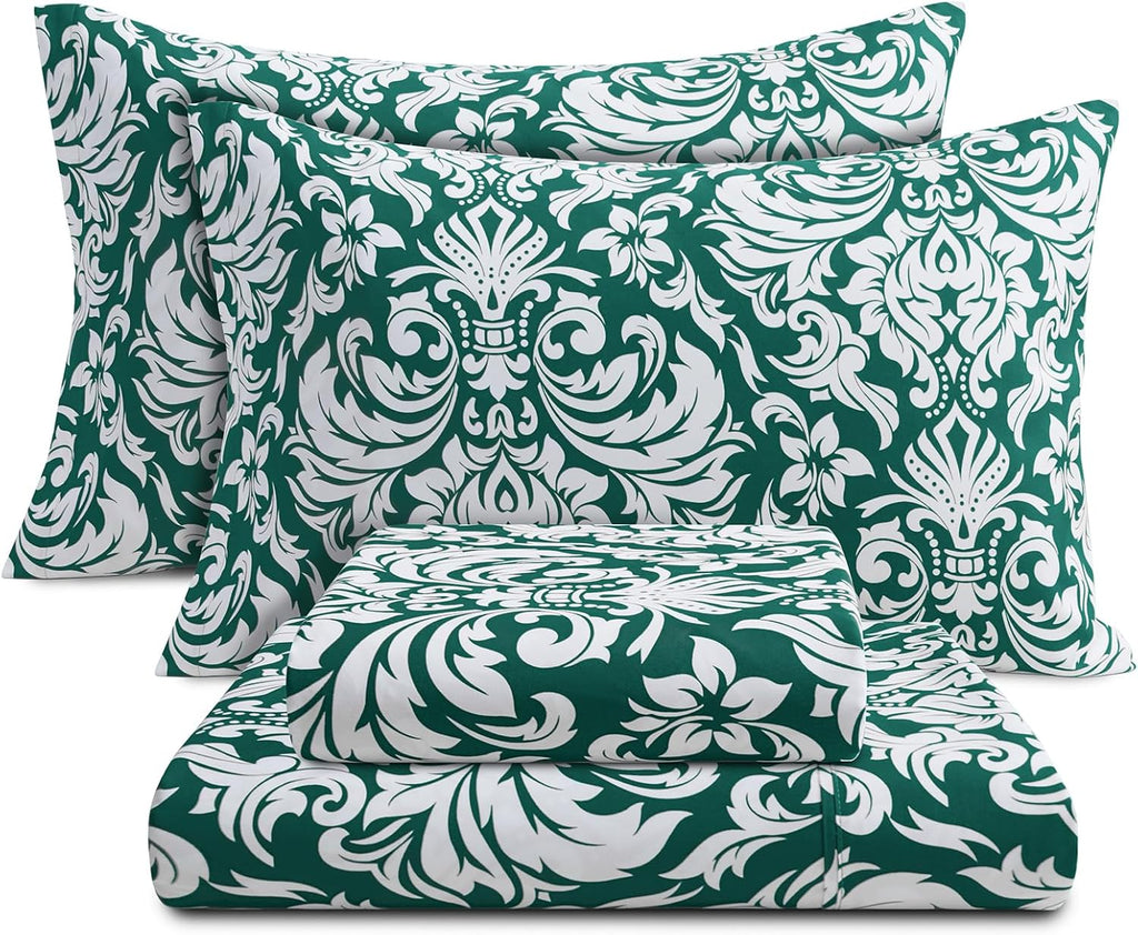 4 Piece King Bed Sheet Set - Damask Pattern Dark Green King Sheets - Microfiber Print Pattern Sheet Set - Ultra Soft & Wrinkle 16 Inch Deep Pocket Bedding Set