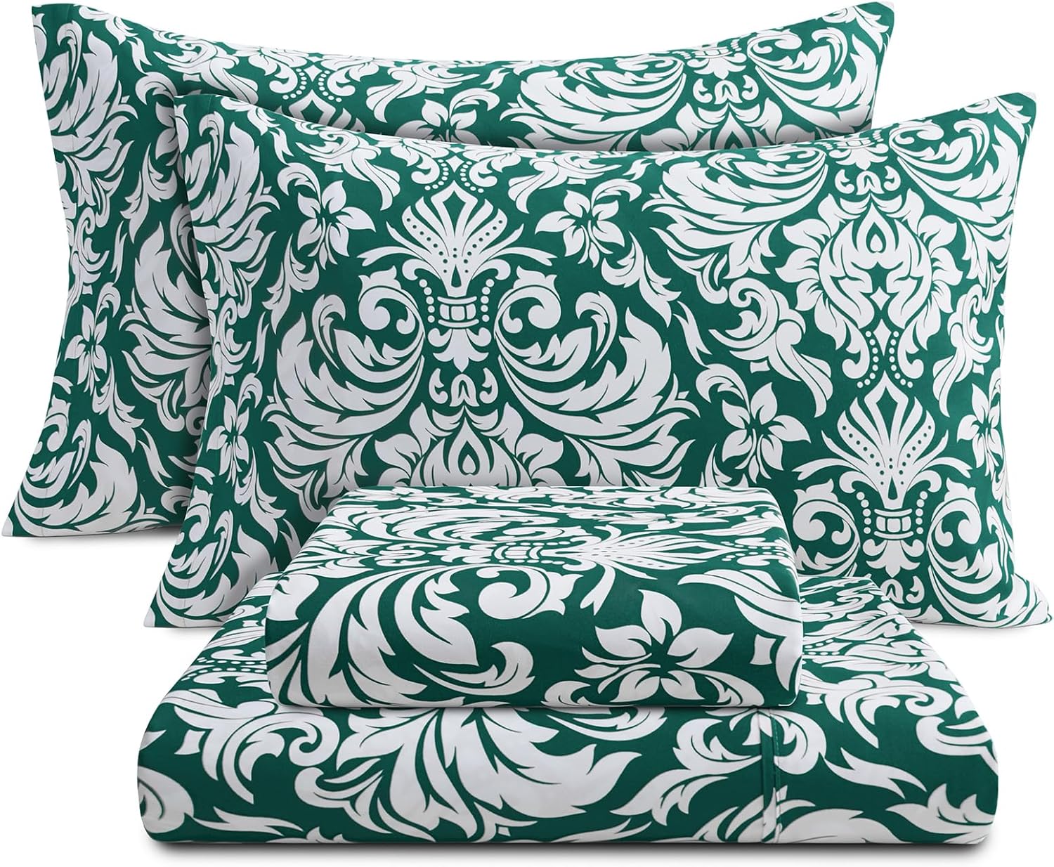 4 Piece King Bed Sheet Set - Damask Pattern Dark Green King Sheets - Microfiber Print Pattern Sheet Set - Ultra Soft & Wrinkle 16 Inch Deep Pocket Bedding Set
