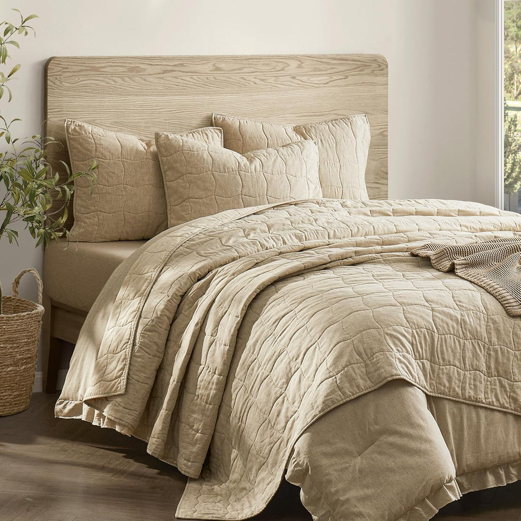 Natural Linen Cotton Quilt - Wavy Box Stitched Beige Queen Quilt, 100% Cotton Filling, Pre-Washed, Soft & Breathable, Hypoallergenic, All-Season Use, Bedspread & Coverlet Bedding, 94"x94"