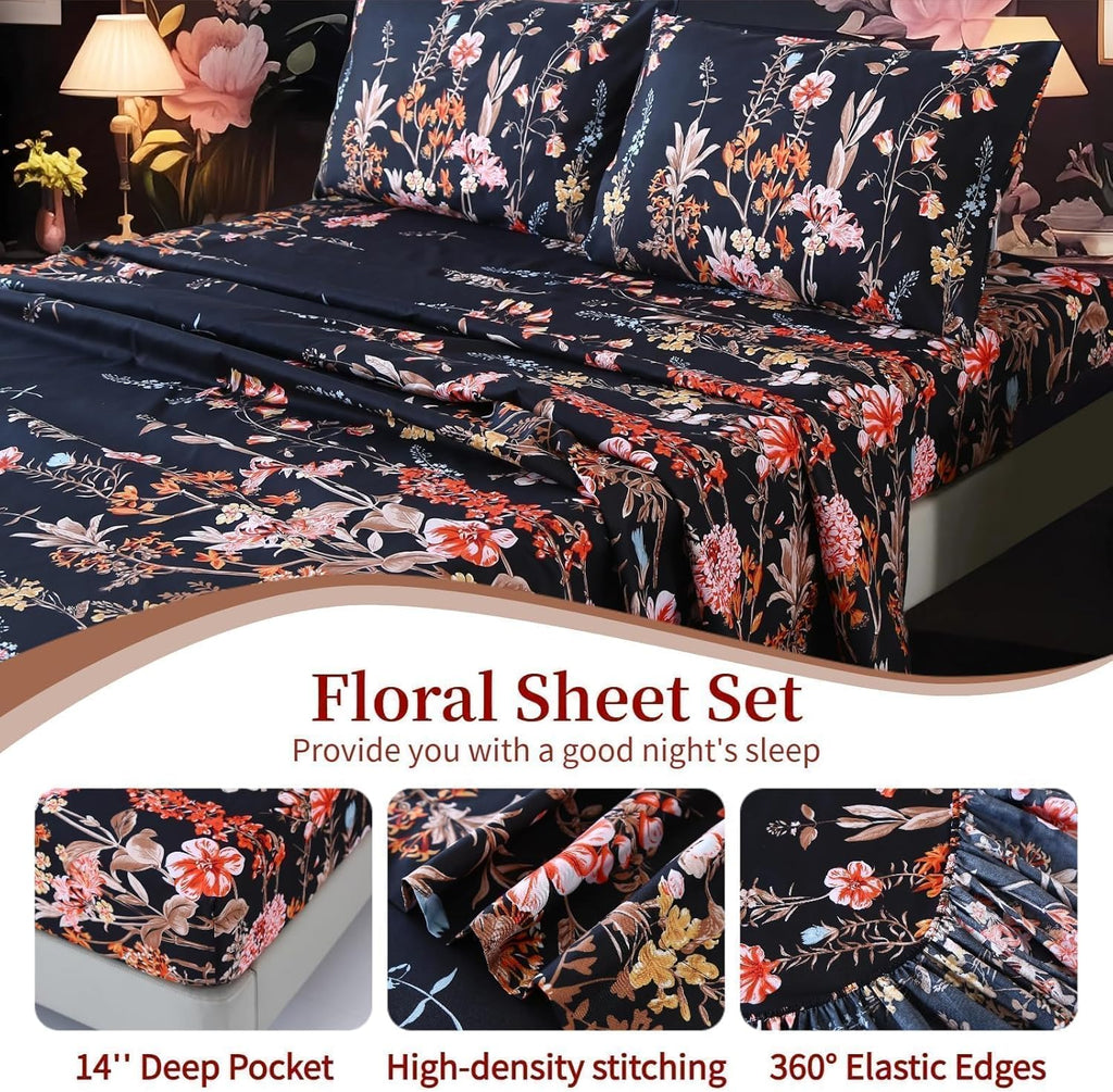 4Pcs Floral Queen Size Sheet Sets,Black Vintage Bedding Sheet Set,Boho Flower Pattern Bed Sheets Included 1 Fitted Sheet 14'' Deep Pocket +1 Flat Sheet + 2 Pillowcases,Breathable and Wrinkle.