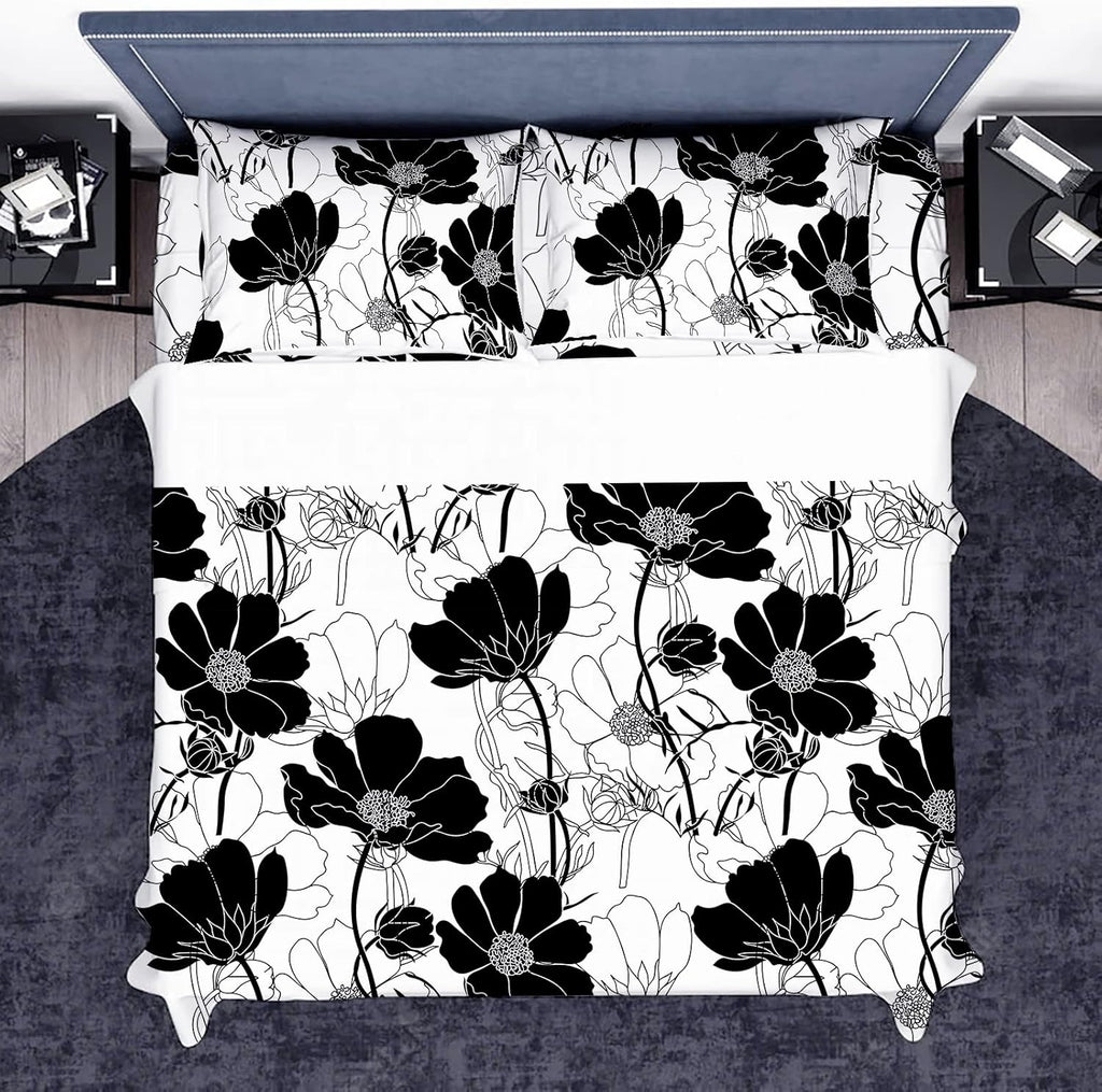 Black and White Floral Sheets Queen Flower Aesthetic Bed Sheets Full Soft Deep Pocket Queen Sheet Set - 1pc Flat Sheet, 1pc Fitted Sheet, 2pc Pillowcases Flowers Ultra Soft
