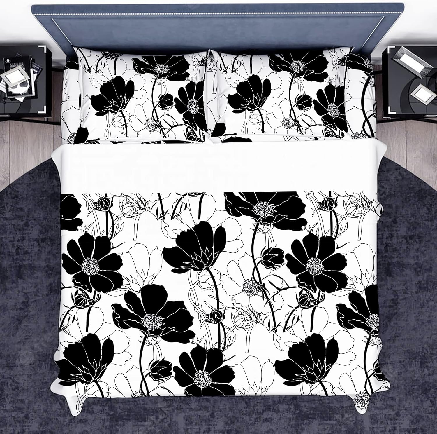 Black and White Floral Sheets Queen Flower Aesthetic Bed Sheets Full Soft Deep Pocket Queen Sheet Set - 1pc Flat Sheet, 1pc Fitted Sheet, 2pc Pillowcases Flowers Ultra Soft