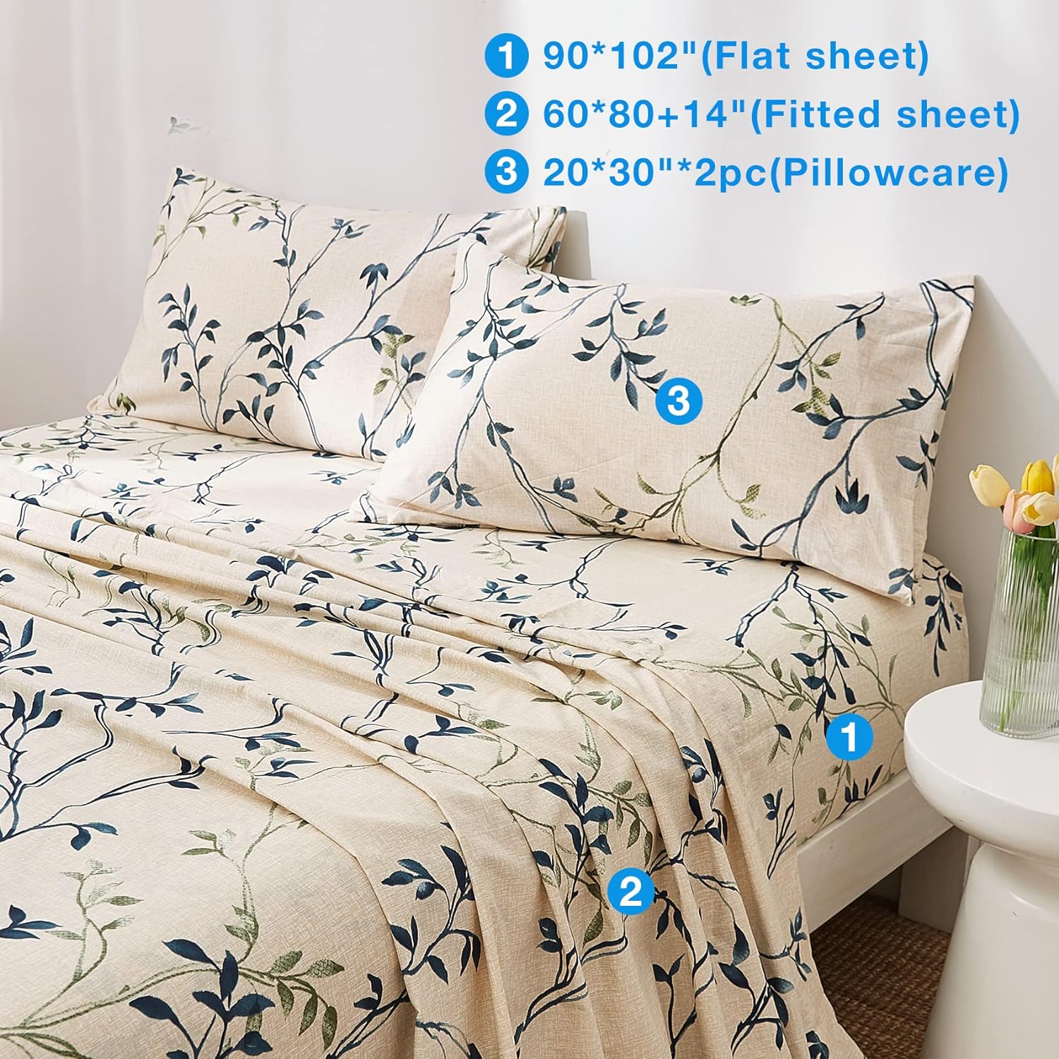 Beige Leaves Printed Sheet Set King Size, 4 Piece Botanical Pattern Microfiber Sheets Extra Deep Pocket