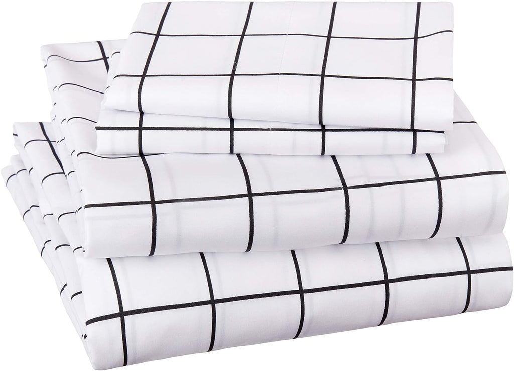 Soft Microfiber 4-Piece Bed Sheet Set with Elastic Side Pockets, Full, Black Grid, Geometric