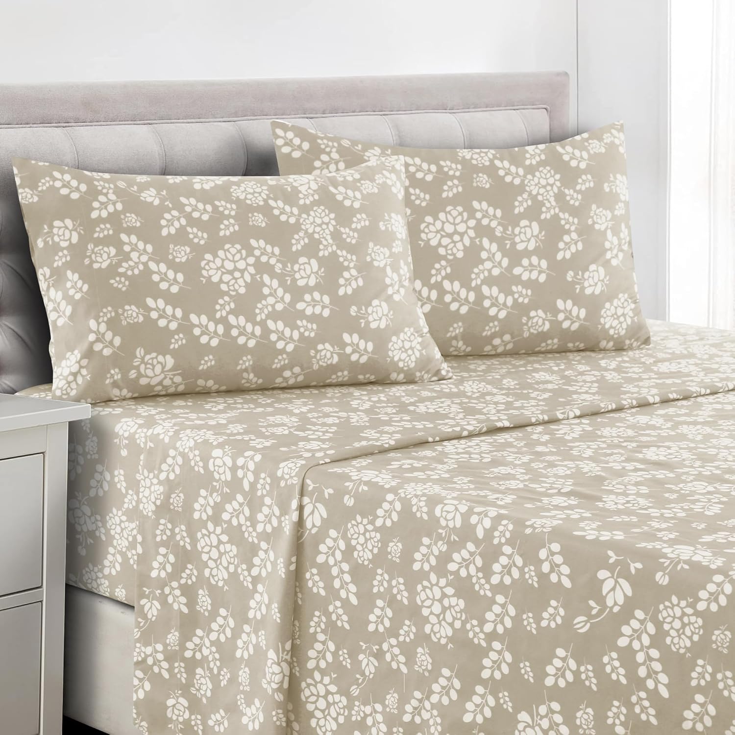 Floral Queen Sheet Set - 4 Piece Ultra-Soft Microfiber Bed Sheets with Flat Sheet, 16 Inches Deep Pocket Fitted Sheet & Pillowcases, Breathable, Bedroom Decor, Oeko-TEX - Taupe