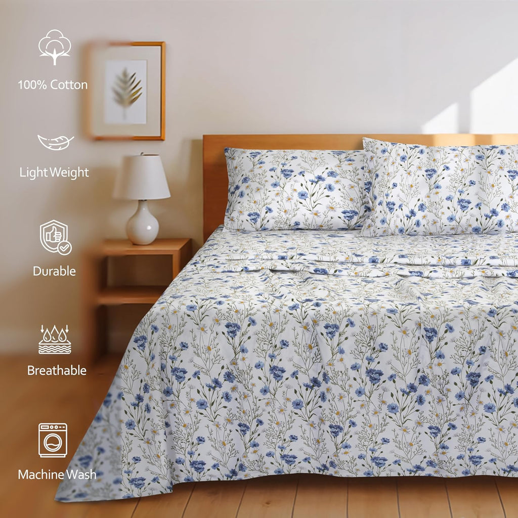 100% Cotton Sheets Queen Size Set, 4 Pieces, Soft & Breathable Percale Weave Bedding, Deep Pocket 16", Hotel Standard, Crisp Cool Feeling, Durable, Perfect Floral Bed Sheet, Sweet Pea