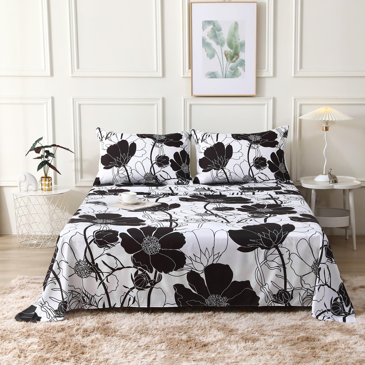 Black and White Floral Sheets Queen Flower Aesthetic Bed Sheets Full Soft Deep Pocket Queen Sheet Set - 1pc Flat Sheet, 1pc Fitted Sheet, 2pc Pillowcases Flowers Ultra Soft