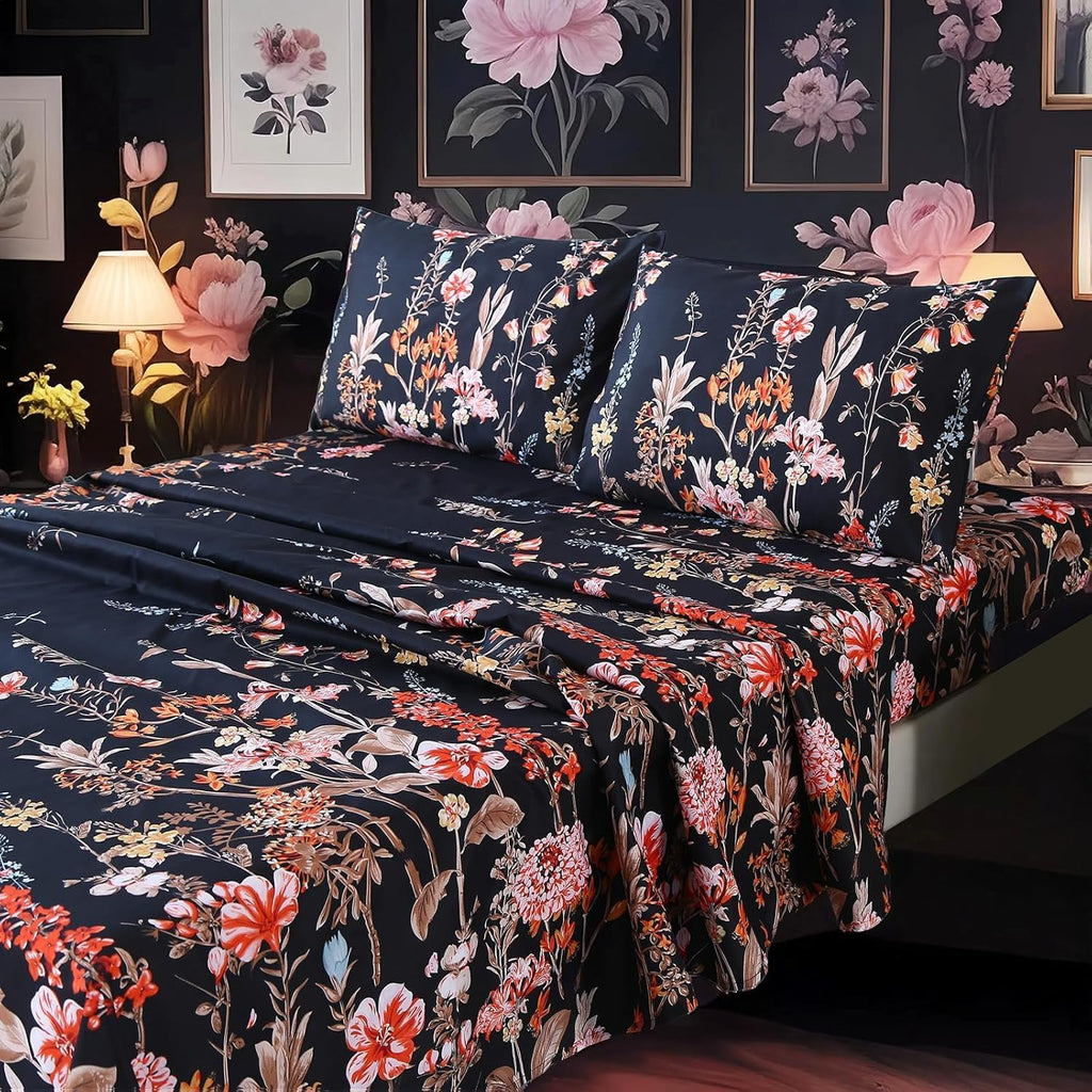 4Pcs Floral Queen Size Sheet Sets,Black Vintage Bedding Sheet Set,Boho Flower Pattern Bed Sheets Included 1 Fitted Sheet 14'' Deep Pocket +1 Flat Sheet + 2 Pillowcases,Breathable and Wrinkle.