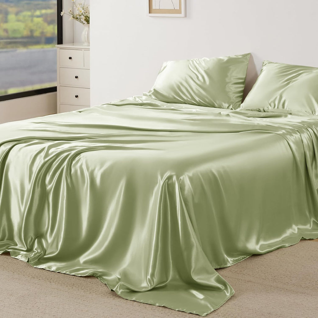 Satin Sheets King - Similar to Silk Sheets, Silky Bedsheet King Size Bed,  & Luxury, Non-Fading & Wrinkle Free, Good for Hair & Skin, Gifts for Women, 4 Pieces, Sage Green