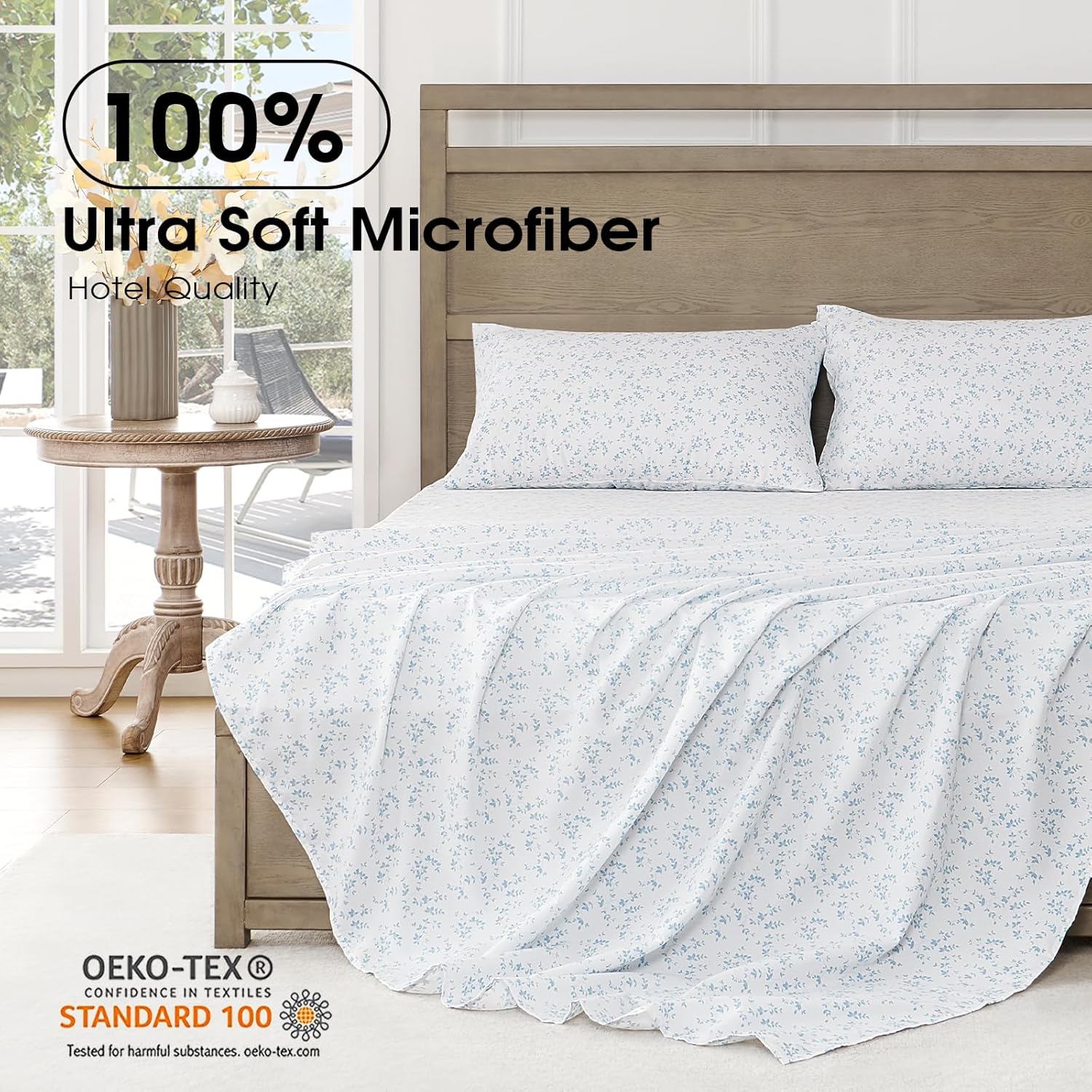 Floral Bed Sheets - Ultra Soft Queen Sheet Set - Brushed Microfiber Blue Floral Sheets - Deep Pockets up to 16" - Easy Care - Hotel Luxury 4 Piece Flower Printed Sheets Queen, Lille