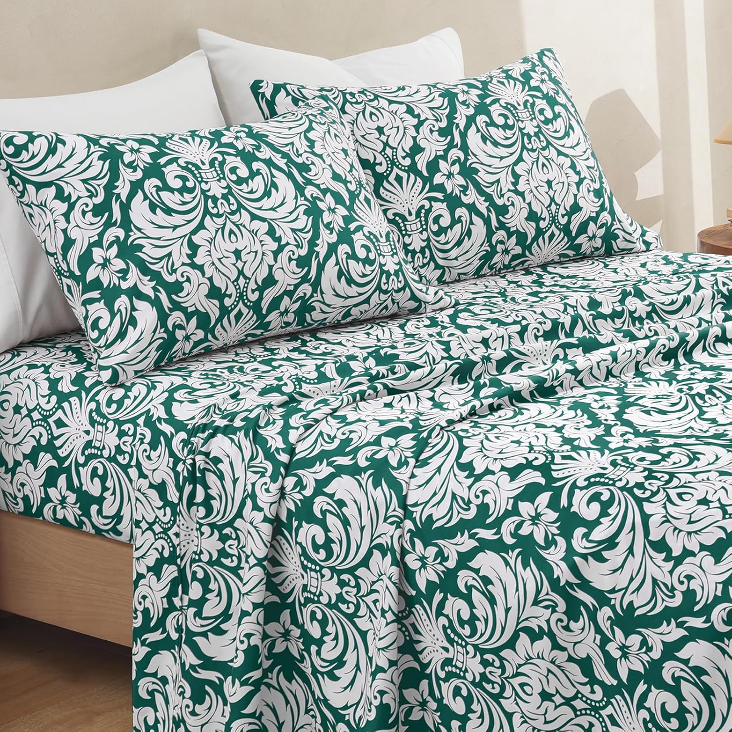 4 Piece King Bed Sheet Set - Damask Pattern Dark Green King Sheets - Microfiber Print Pattern Sheet Set - Ultra Soft & Wrinkle 16 Inch Deep Pocket Bedding Set