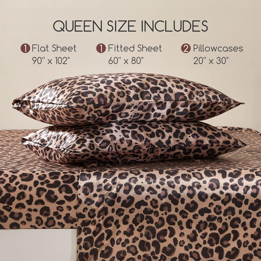Satin Bed Sheets with Elastic Corner Straps, Queen Size Sheets Set, 4 Pcs Silky Bedding Set with 15 Inches Deep Pocket for Mattress (Queen, Brown Leopard)