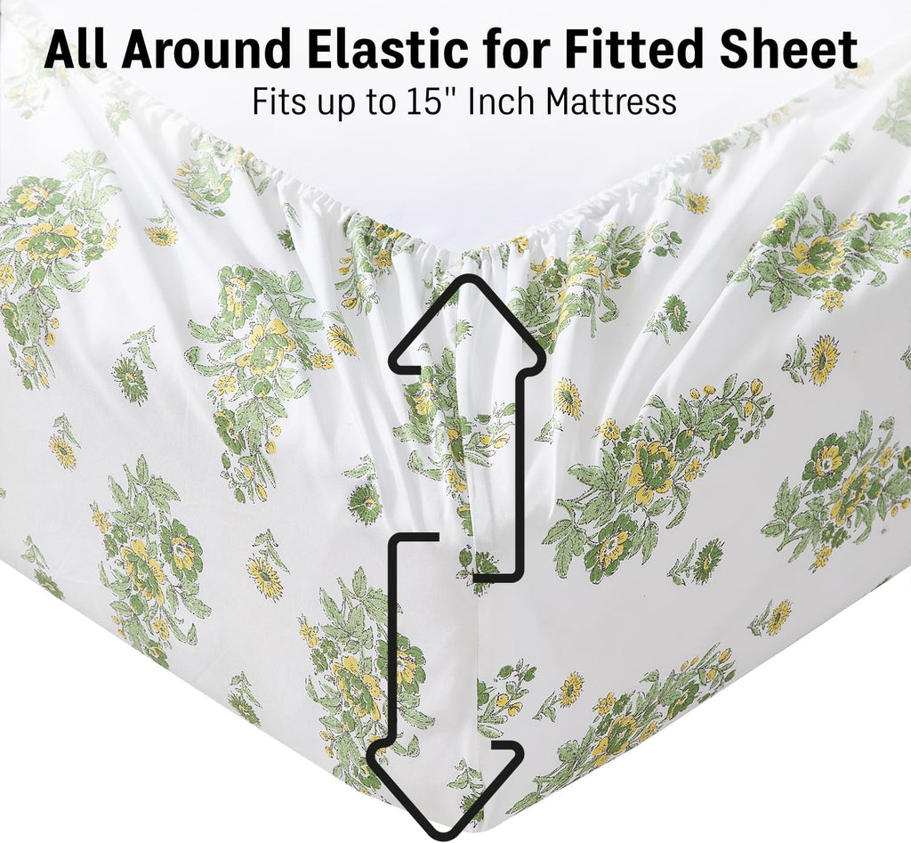 Color Block Printed Floral Bed Sheets - 4 Piece Patterned Bed Sheet Set - Wrinkle Resistant & Ultra Soft - Fits Mattresses up to 15 Inches Deep (Full, Green)