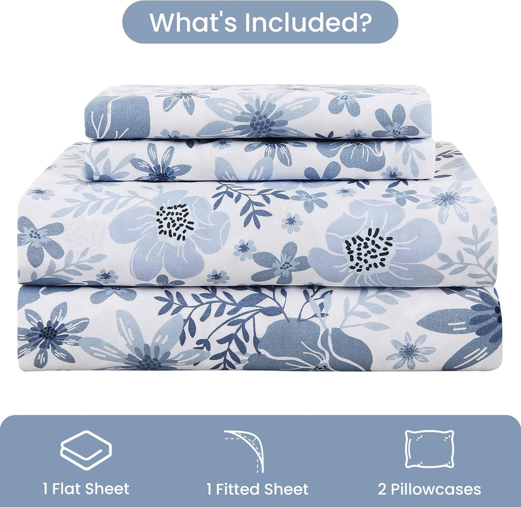 King Size Sheets Set - 4 Piece Soft Breathable Microfiber Bed Sheet Set - Blue & White Flower Pattern Sheet Set King - Deep Pocket Non-Slip Floral Fitted Sheet Included for All Season
