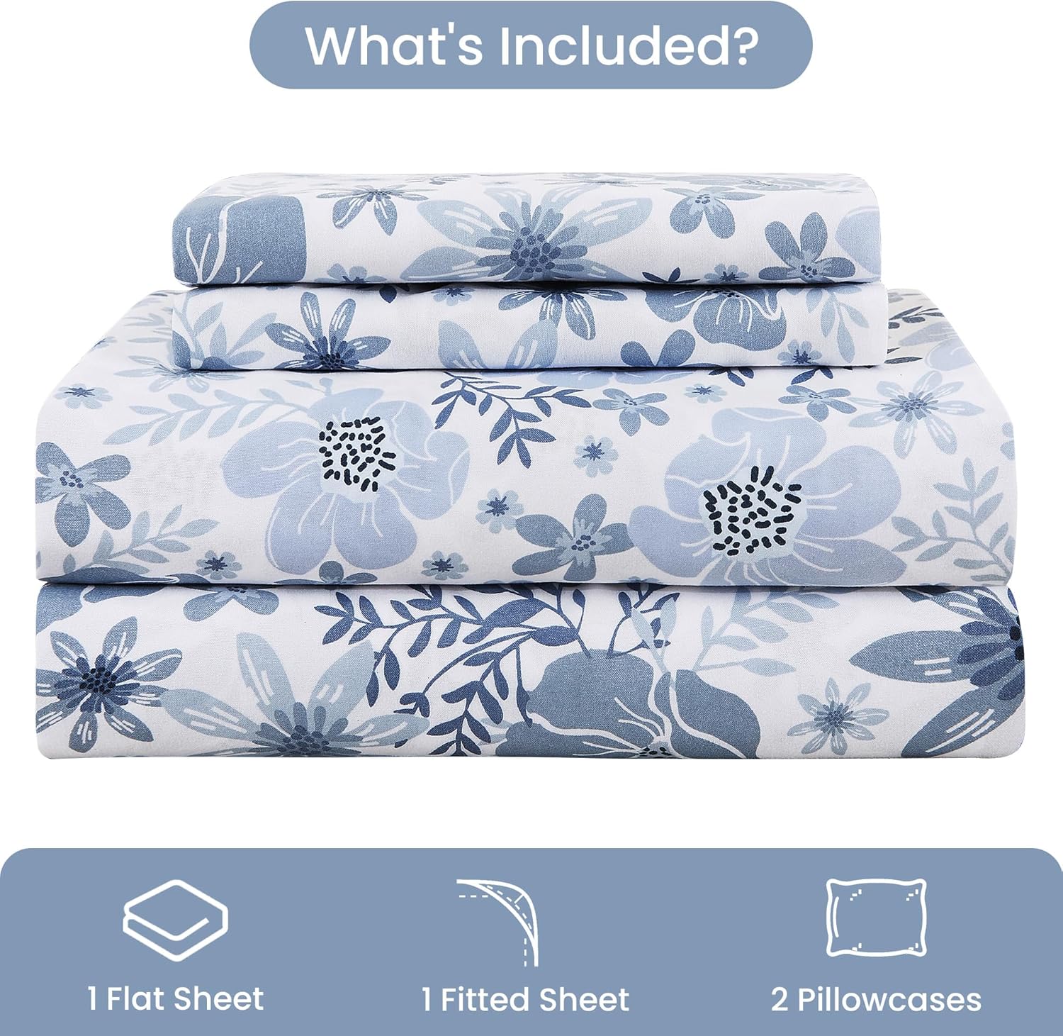 King Size Sheets Set - 4 Piece Soft Breathable Microfiber Bed Sheet Set - Blue & White Flower Pattern Sheet Set King - Deep Pocket Non-Slip Floral Fitted Sheet Included for All Season