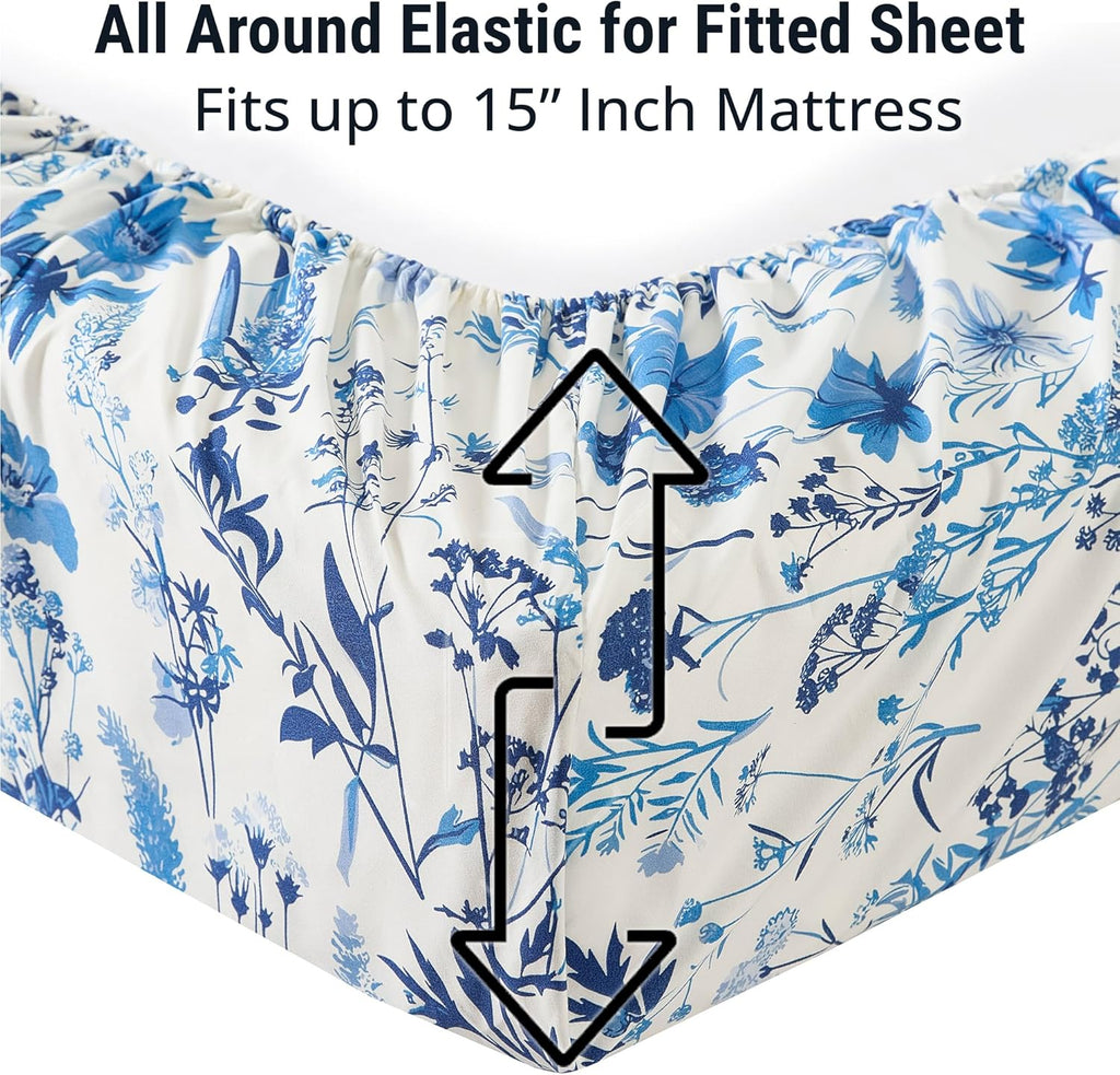 Blue Floral Bed Sheets - 4 Piece Bed Sheet Set - Wrinkle Resistant & Ultra Soft - Fits Mattresses up to 15 Inches Deep (Queen)