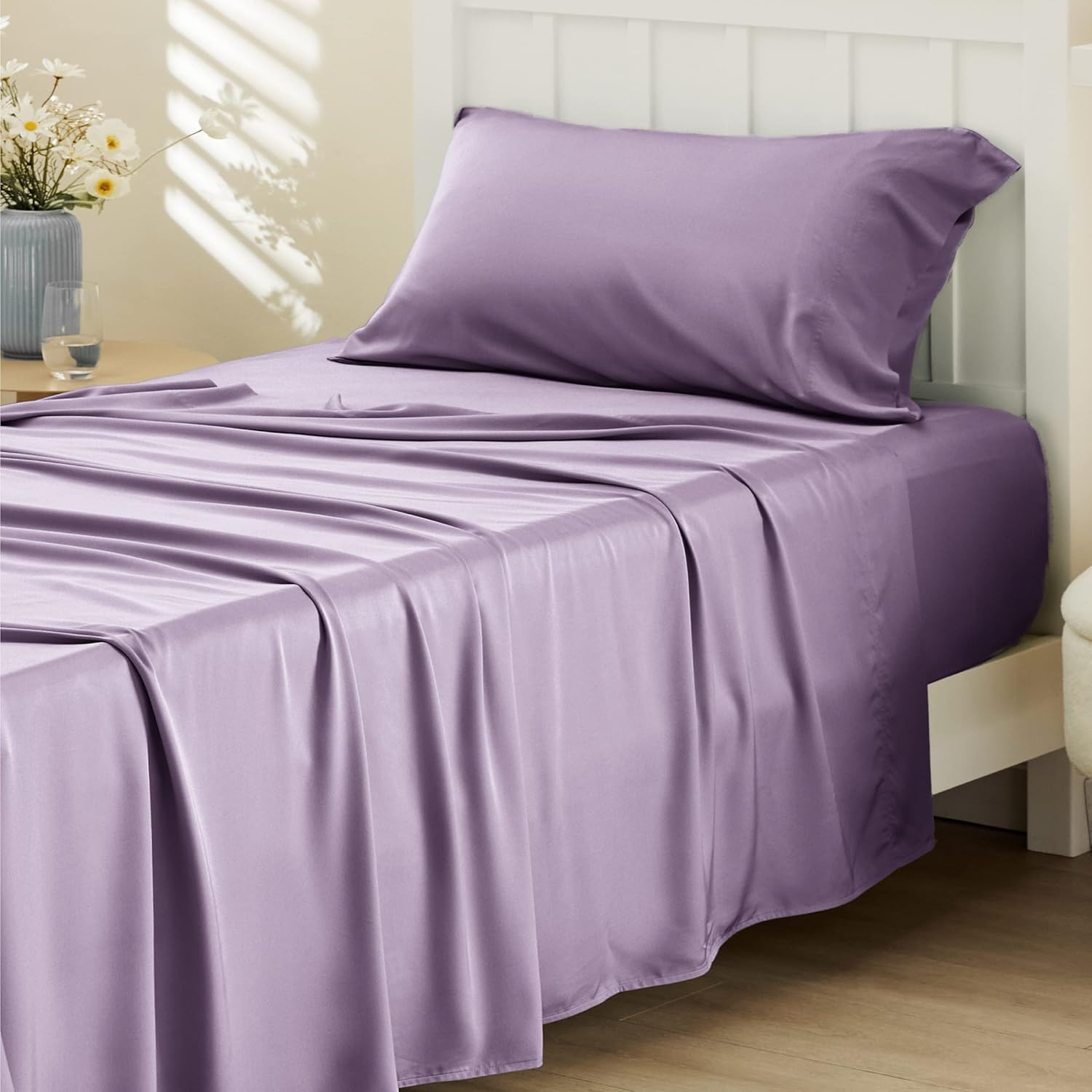 Twin XL Sheet Set Dorm Bedding, Cooling Twin Extra Long Sheets, Rayon Derived from Bamboo, Deep Pocket Up to 16 Inches, Hotel Luxury Silky Bedding, Bedsheets & Pillowcases, Lilac