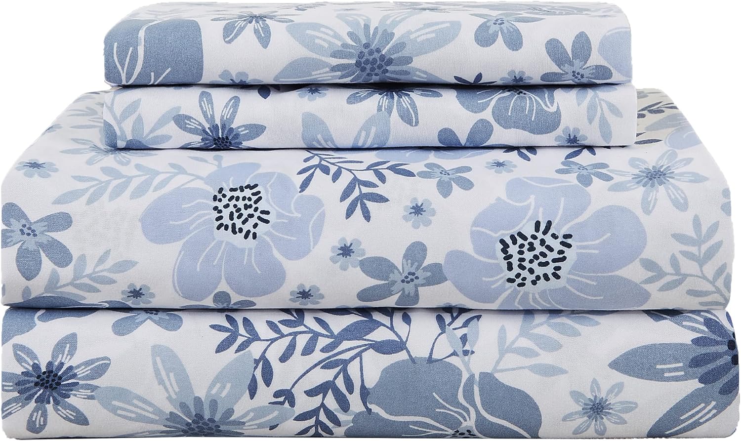 King Size Sheets Set - 4 Piece Soft Breathable Microfiber Bed Sheet Set - Blue & White Flower Pattern Sheet Set King - Deep Pocket Non-Slip Floral Fitted Sheet Included for All Season