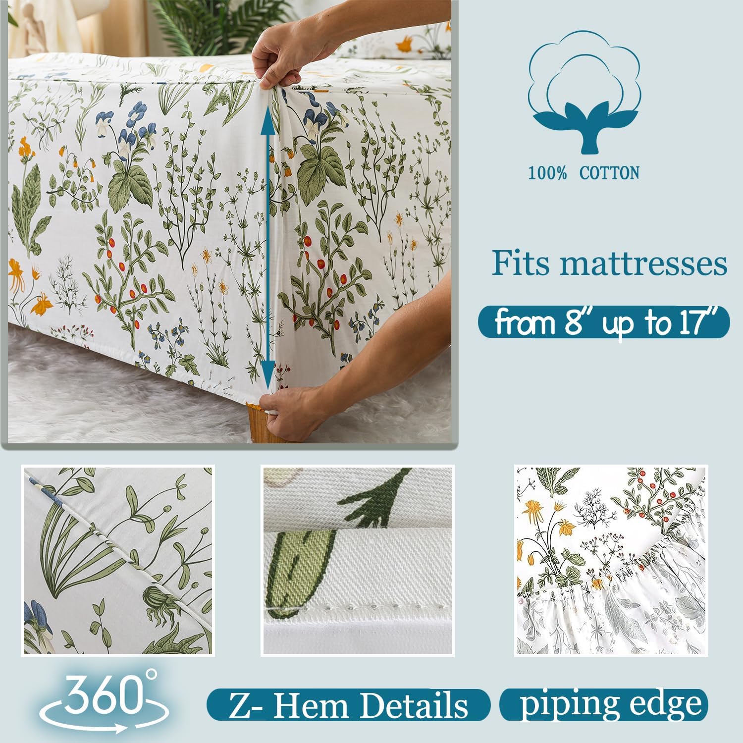 Queen Sheet Set 100% Percale Cotton Green Floral Bed Sheet Set Yellow Flower & Green Leaves Botanical Pattern Printed on White Garden Luxury Crisp Soft Deep Pocket Fitted Sheet 17.5'' 4Pcs