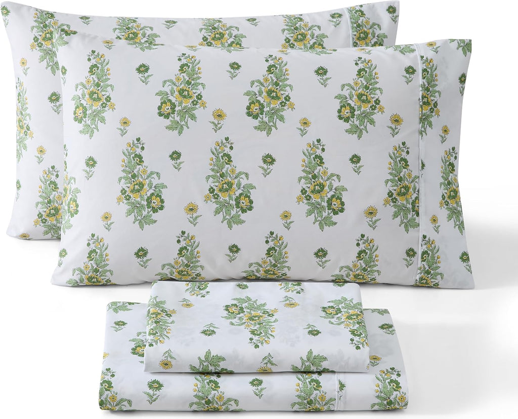 Color Block Printed Floral Bed Sheets - 4 Piece Patterned Bed Sheet Set - Wrinkle Resistant & Ultra Soft - Fits Mattresses up to 15 Inches Deep (Full, Green)
