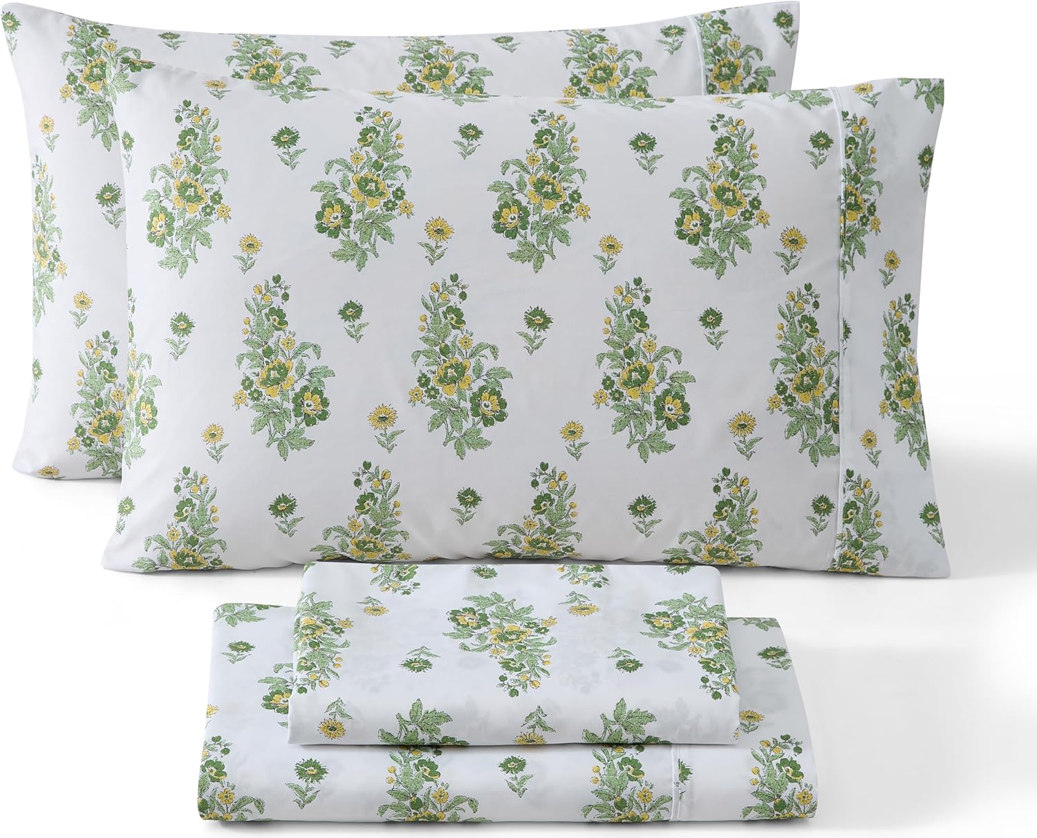 Color Block Printed Floral Bed Sheets - 4 Piece Patterned Bed Sheet Set - Wrinkle Resistant & Ultra Soft - Fits Mattresses up to 15 Inches Deep (Full, Green)
